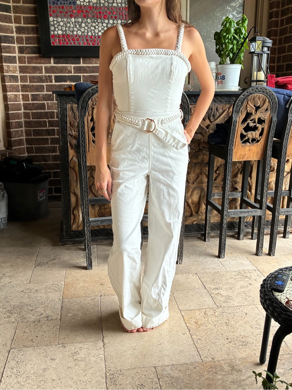 bebe White Braided-Trim Strap Jumpsuit with Belt